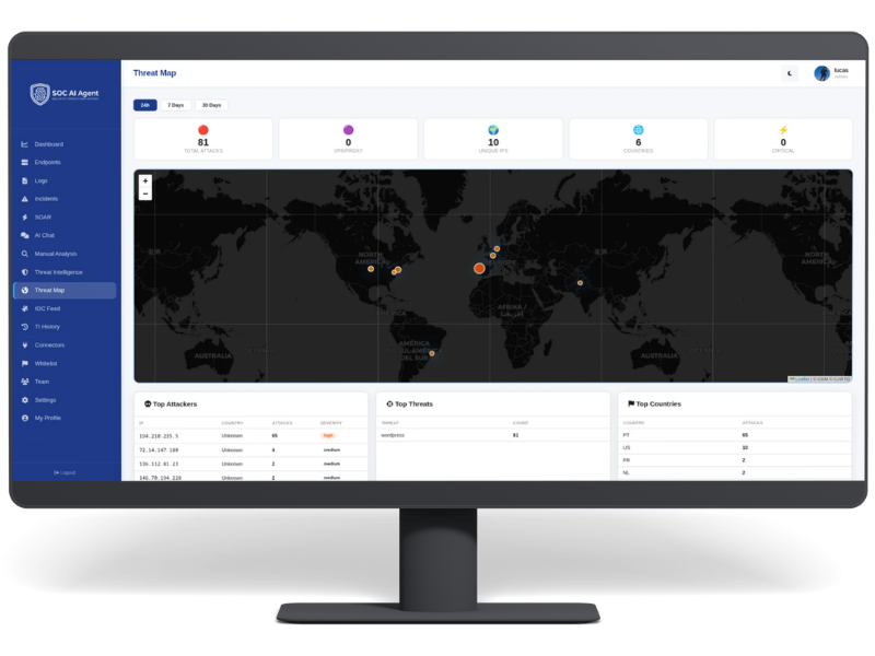 SOC AI Agent — threat map and operational dashboard