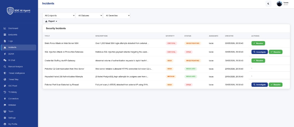 SOC AI Agent incidents management screen
