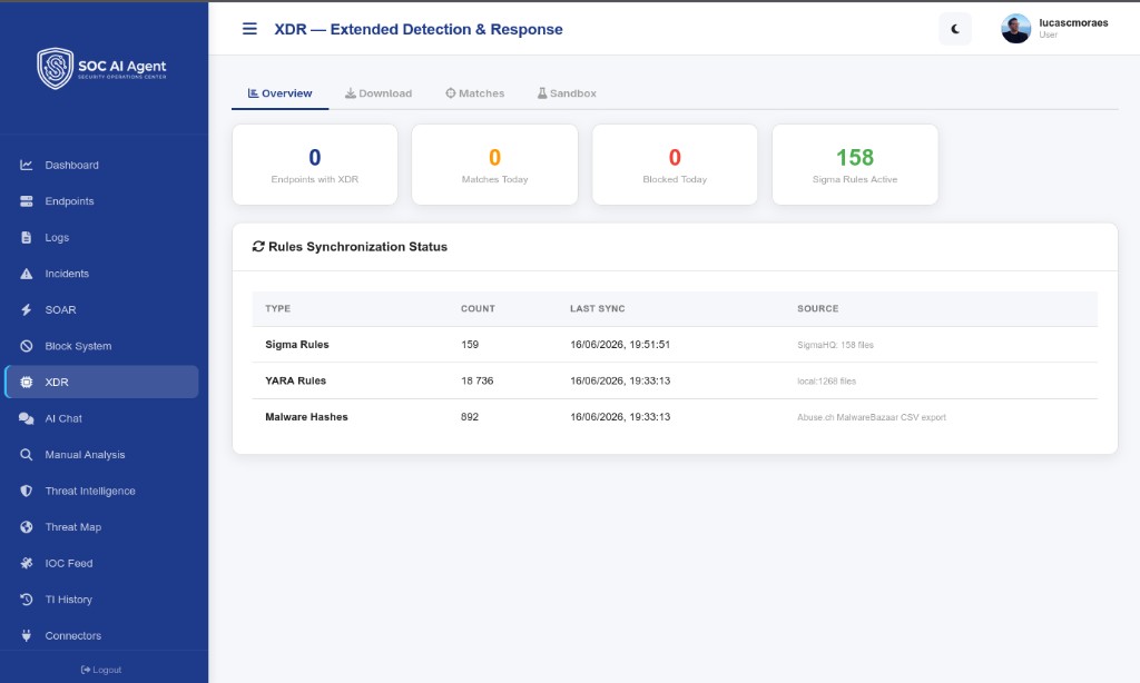 SOC AI Agent Agent XDR and Sigma Rules panel